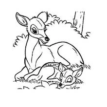 Desenho de Corça descansando com seu filhote na floresta para colorir