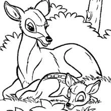 Desenho de Corça descansando com seu filhote na floresta para colorir