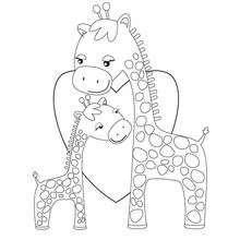 Desenho de Girafa mãe e seu filhote em frente a um coração para colorir