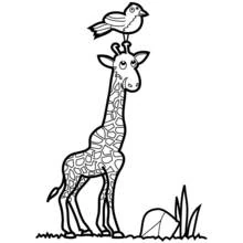 Desenho de Girafa com um passarinho pousado na cabeça para colorir