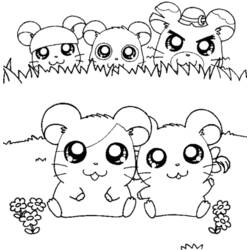 Desenho de Hamster Hamtaro e amigos entre grama e flores para colorir