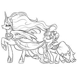 Desenho de Pônei princesa com pônei jovem inclinando a cabeça para colorir