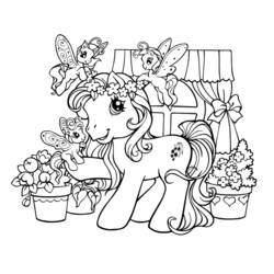 Desenho de Pônei rodeado de pequenas fadas para colorir