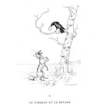 Desenho de Raposa olhando para um corvo pousado em um ramo para colorir