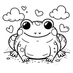 Desenho de Sapo sentado sorridente entre nuvens e corações para colorir Desenho de Sapo sentado sorridente entre nuvens e corações para colorir