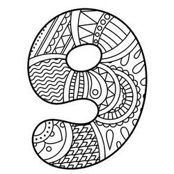 Desenho de Número 9 preenchido com padrões zentangle para colorir