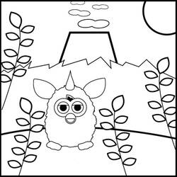 Desenho de Furby em pé diante de uma montanha para colorir