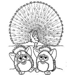 Desenho de Dupla de Furby com um pavão ao fundo para colorir