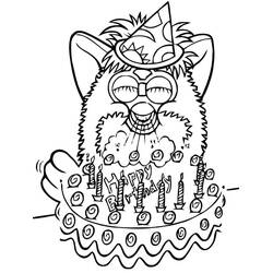Desenho de Furby comemorando aniversário com um bolo para colorir