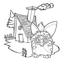 Desenho de Furby em frente a uma pequena casa de madeira para colorir