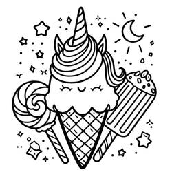Desenho de Sorvete de Unicórnio com pirulito e picolé para colorir