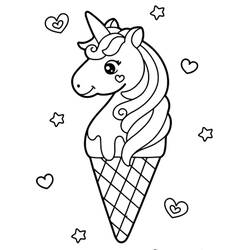 Desenho de Sorvete de Unicórnio com corações e estrelas para colorir