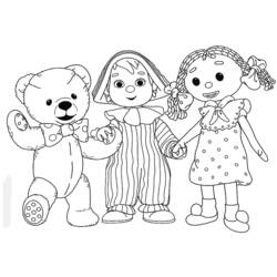 Desenho de Andy Pandy de mãos dadas com o Ursinho e Looby Loo para colorir