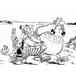 Desenho de Asterix e Obelix caminhando com Idefix para colorir