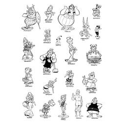 Desenho de Asterix e Obelix com os moradores da aldeia para colorir