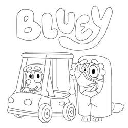 Desenho de Bluey dirigindo um carrinho de golfe com amigo para colorir
