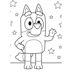Desenho de Bluey sorrindo e acenando entre estrelas para colorir