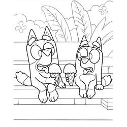 Desenho de Bluey e Bingo comendo sorvete na escada para colorir