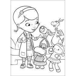 Desenho de Doc McStuffins com seus amigos de pelúcia para colorir