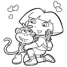 Desenho de Dora a Exploradora abraçando o macaco Botas para colorir