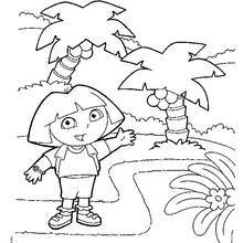 Desenho de Dora a Exploradora acenando perto de coqueiros para colorir