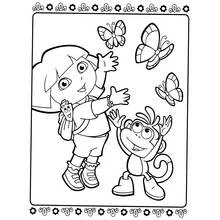 Desenho de Dora a Exploradora e Botas brincando com borboletas para colorir