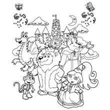 Desenho de Dora a Exploradora e amigos diante de um castelo encantado para colorir