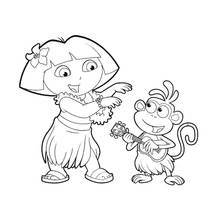 Desenho de Dora a Exploradora dançando com saia havaiana junto de Botas na guitarra para colorir