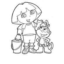 Desenho de Dora a Exploradora com Botas o macaco e um balde para colorir