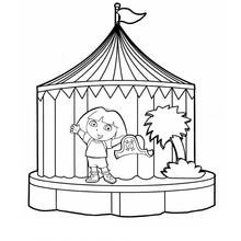 Desenho de Dora a Exploradora em frente a uma tenda de circo para colorir