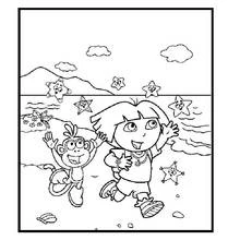 Desenho de Dora a Exploradora e Botas dançando na praia para colorir