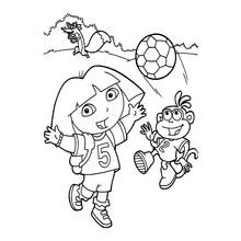 Desenho de Dora a Exploradora jogando futebol com Botas para colorir