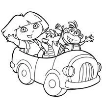 Desenho de Dora a Exploradora andando de carro com amigos para colorir