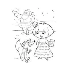 Desenho de Dora a Exploradora com o Papai Noel e Swiper para colorir