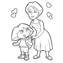 Desenho de Dora a Exploradora com a mãe rodeadas de corações para colorir