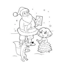Desenho de Dora, Swiper e o Papai Noel na neve para colorir