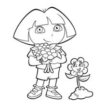 Desenho de Dora a Exploradora segurando um buquê de flores para colorir