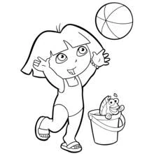 Desenho de Dora a Exploradora brincando com uma bola na praia para colorir