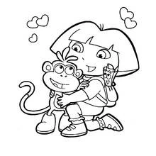 Desenho de Dora abraçando o macaco Botas para colorir