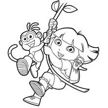 Desenho de Dora a Exploradora balançando num cipó com Botas para colorir