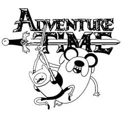 Desenho de Finn e Jake pendurados numa espada gigante para colorir
