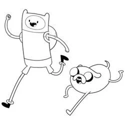 Desenho de Finn e Jake correndo felizes para colorir