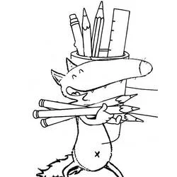 Desenho de Lobo Auzou segurando lápis e um pote de material escolar para colorir
