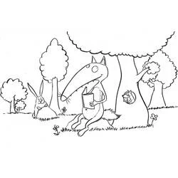 Desenho de Lobo Auzou lendo um livro na floresta para colorir