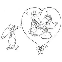 Desenho de Lobo Auzou sonhando com o seu casamento para colorir