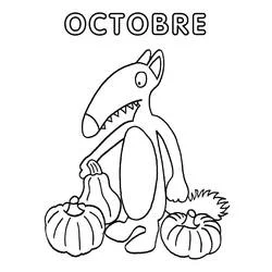 Desenho de Lobo Auzou segurando uma abóbora em outubro para colorir