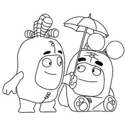 Desenho de Oddbods Bubbles e Slick sob um guarda-chuva para colorir