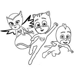 Desenho de Trio da PJ Masks voando juntos para colorir