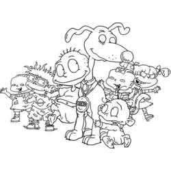 Desenho de Rugrats reunidos com Spike o cachorro usando medalha de herói para colorir