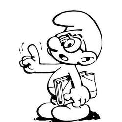 Desenho de Smurf de óculos segurando livros e levantando o dedo para colorir